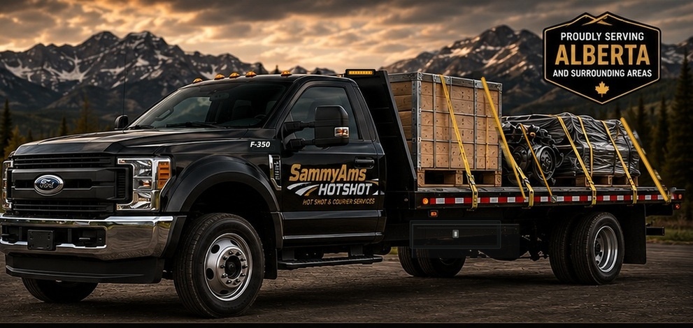 Ford F-350 flatbed carrying secured pallets and parts